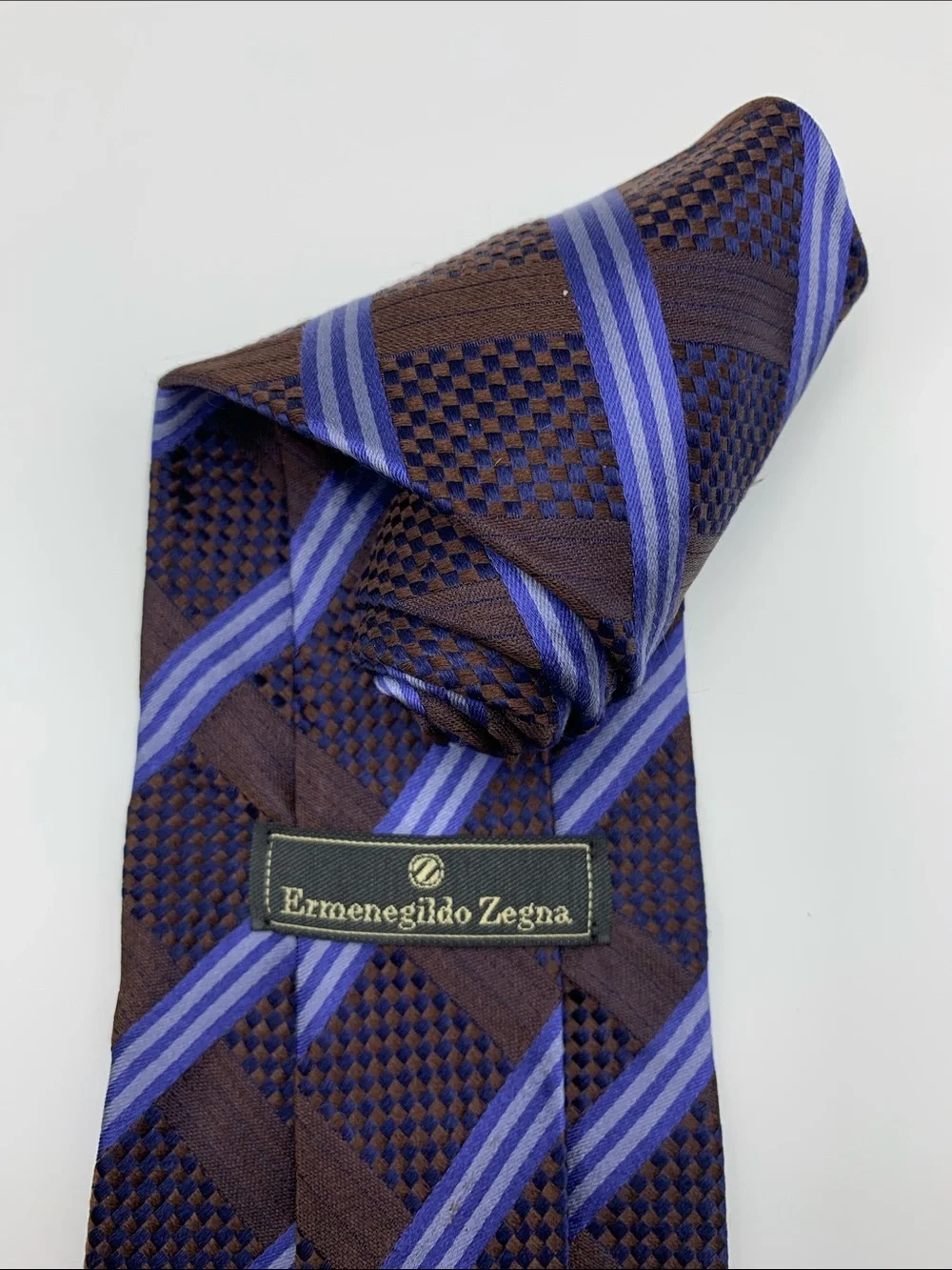 Ermenegildo Zegna Silk Tie Brown Purple Geometric Woven Made in Italy